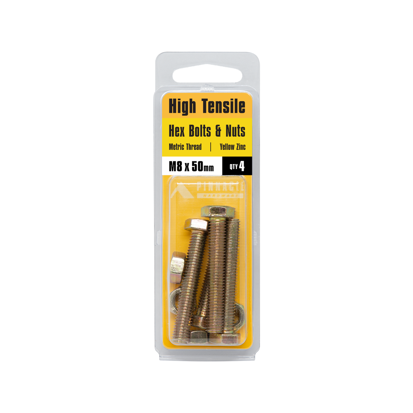 Pinnacle Hex Bolt and Nut - M8 x 50mm - Yellow - 4 Pack