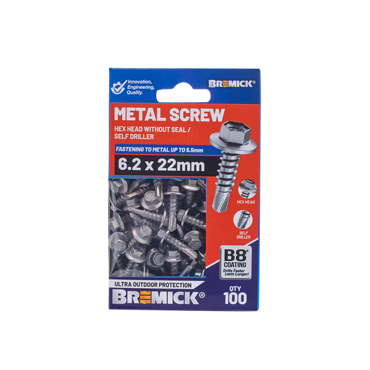 Bremick Metal Hex Screw - 6.2 x 22mm - 100 Pack