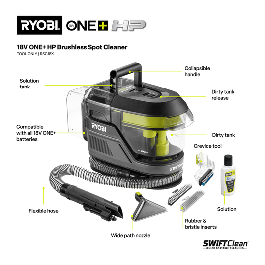 Ryobi ONE+ HP Brushless Swiftclean Spot Cleaner - Tool Only - 250ml