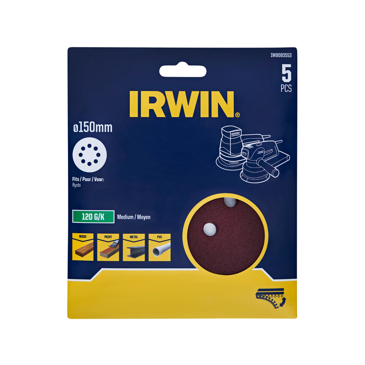 Irwin Quick Fit Random Orbital Sanding Discs - 150mm - 120 Grit - 5 Pack