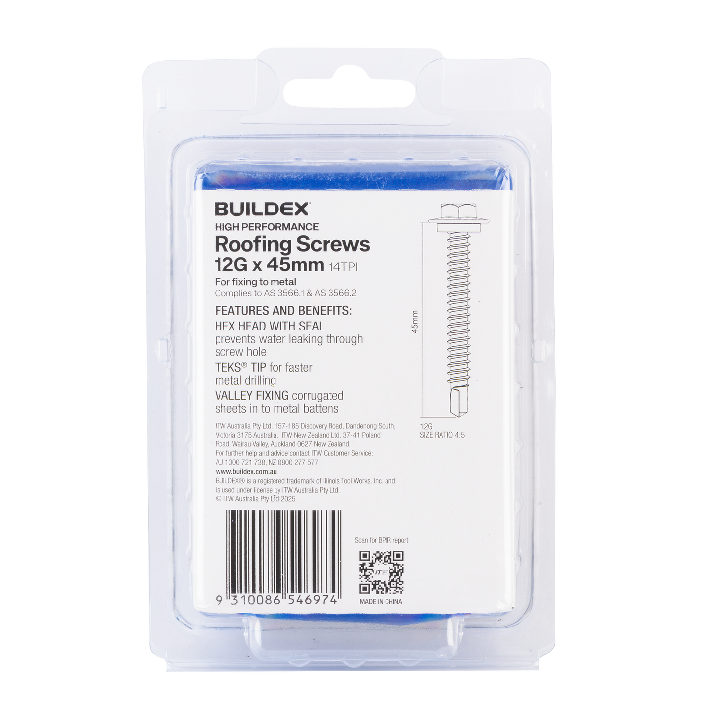Buildex Roofing Teks Screws - 12g x 45mm - Class 3 - 50 Pack