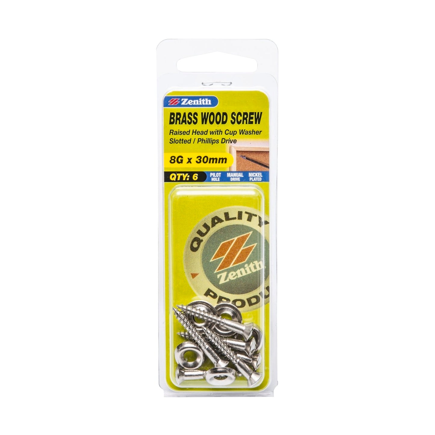 Zenith Wood Screws - 8g x 30mm - Nickel Plated Round Head - 6 Pack