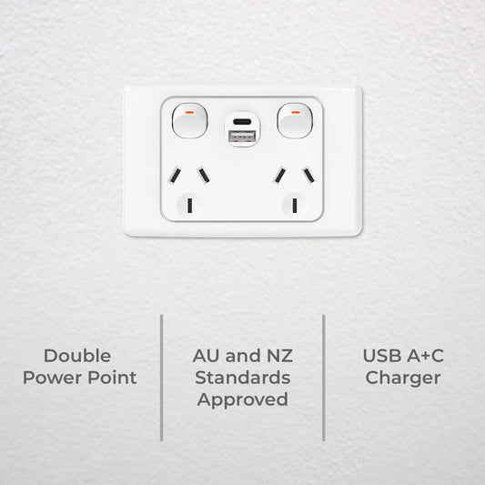 Deta Double Pole Double Power Point with USB A+C - 50 x 74 x 115mm