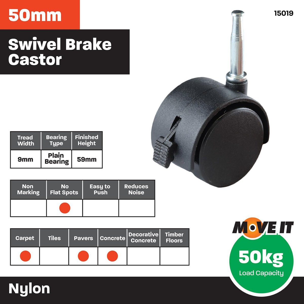 Move It 50mm Hooded Socket Furniture Castor - Nylon - 2 Pack - Brake