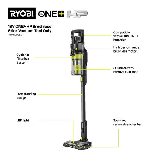 Ryobi ONE+ HP Stick Vacuum - Tool Only - 800ml - Black