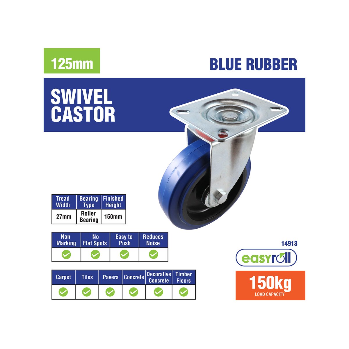 Easyroll Heavy Duty Castor - 125mm - Blue Elastic Rubber - Non-Marking
