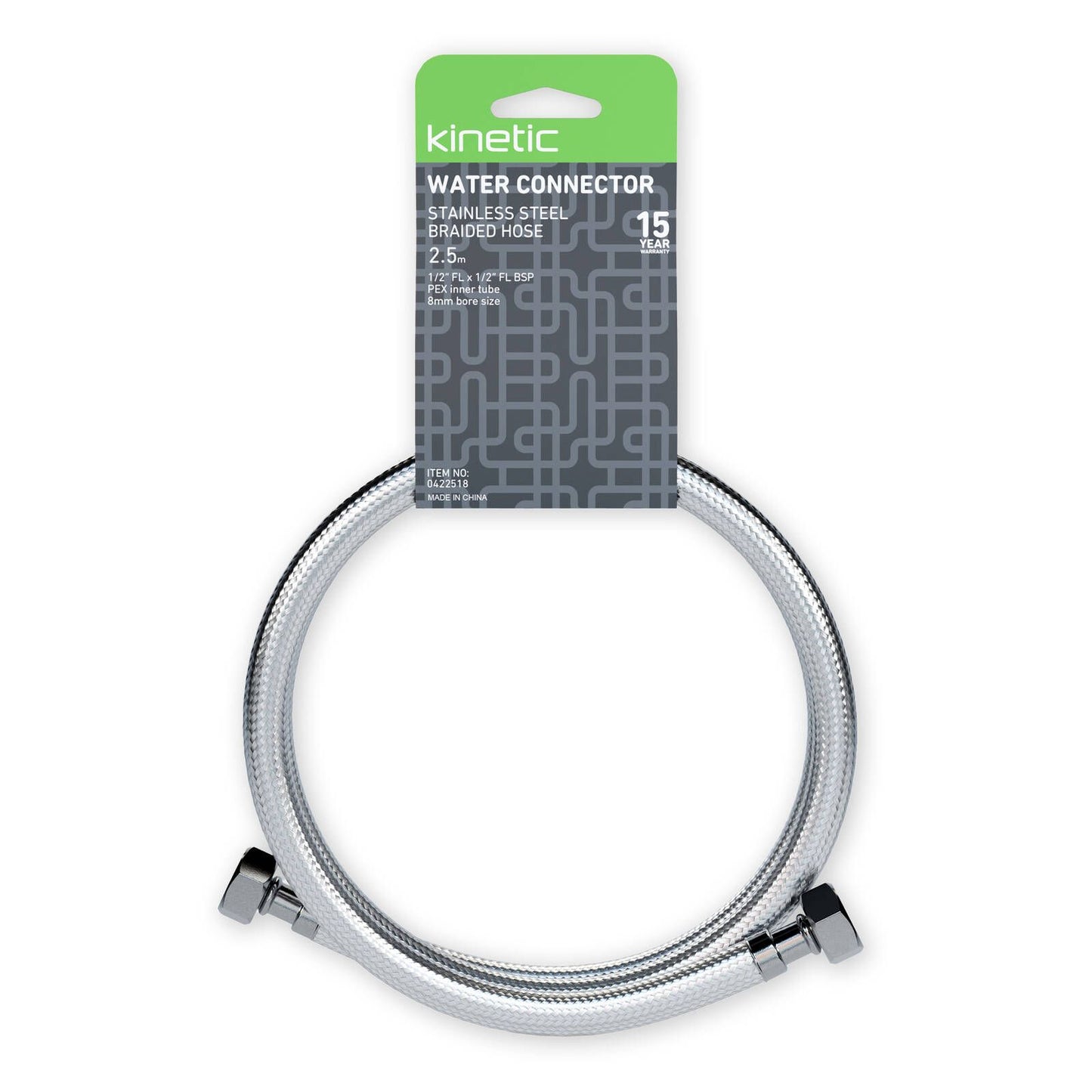 Kinetic 2500mm Stainless Steel Flexible Braided Hose Water ConnectorBSP