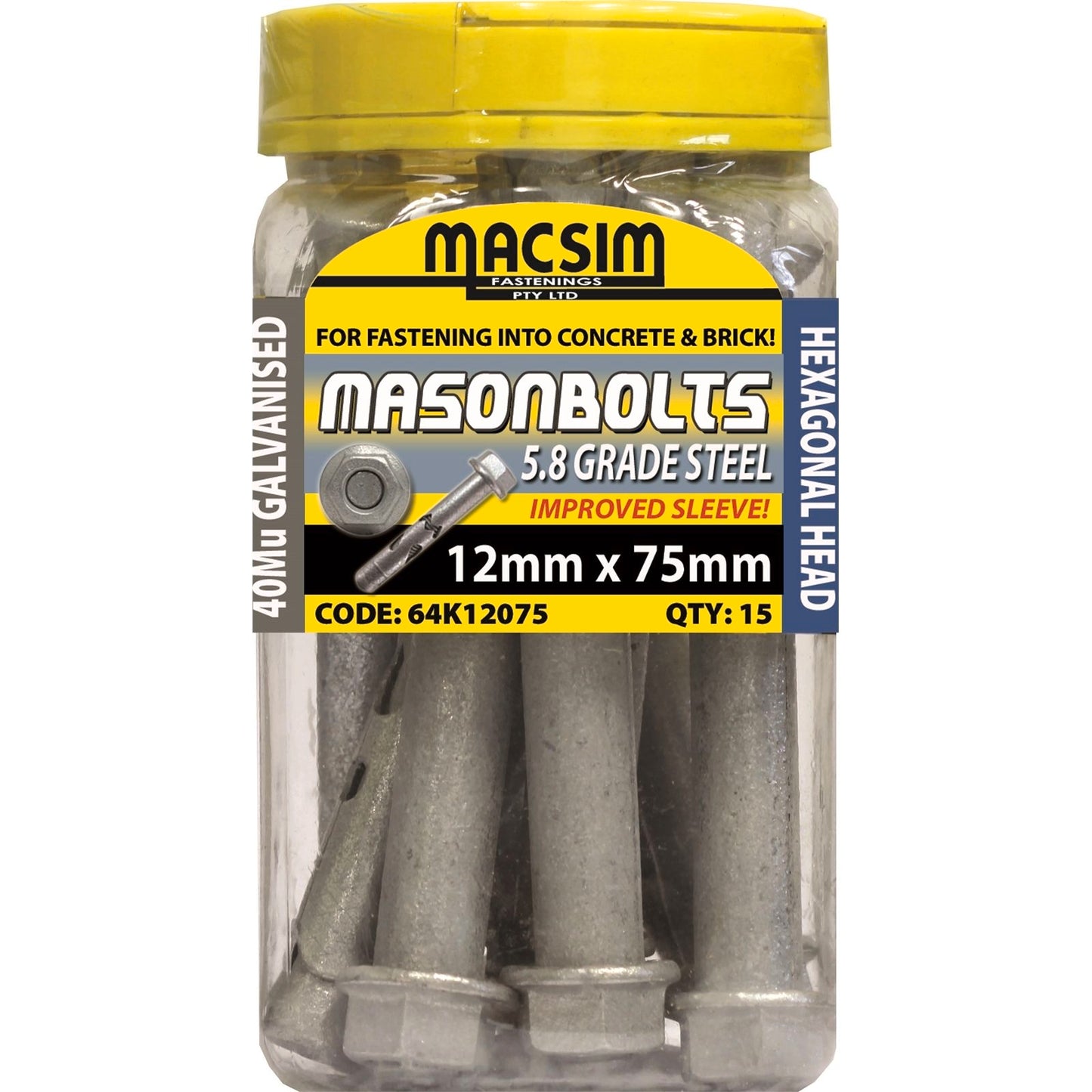 Macsim Fasteners - 12 x 75mm Galvanised Sleeve Anchor - 15 Pack