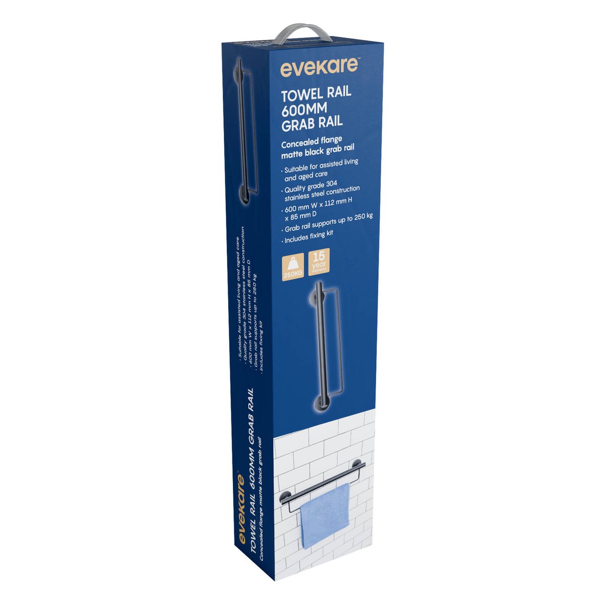 Evekare 600mm Black Towel Rail with Grab Rail - Stainless Steel - 250 kg Capacity