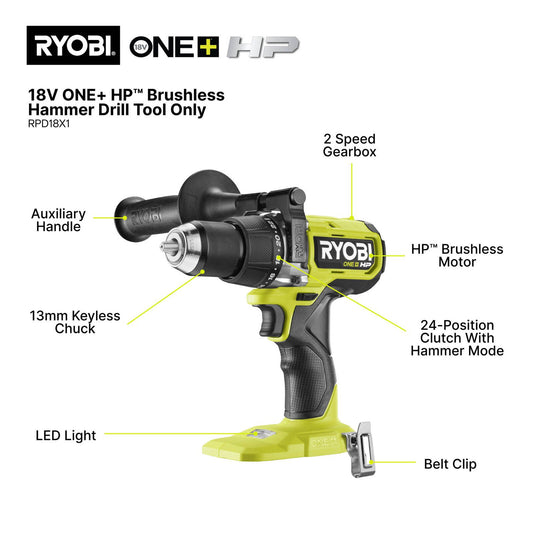 Ryobi HP Brushless High Torque Hammer Drill - 18V ONE+ - 110Nm - Tool Only
