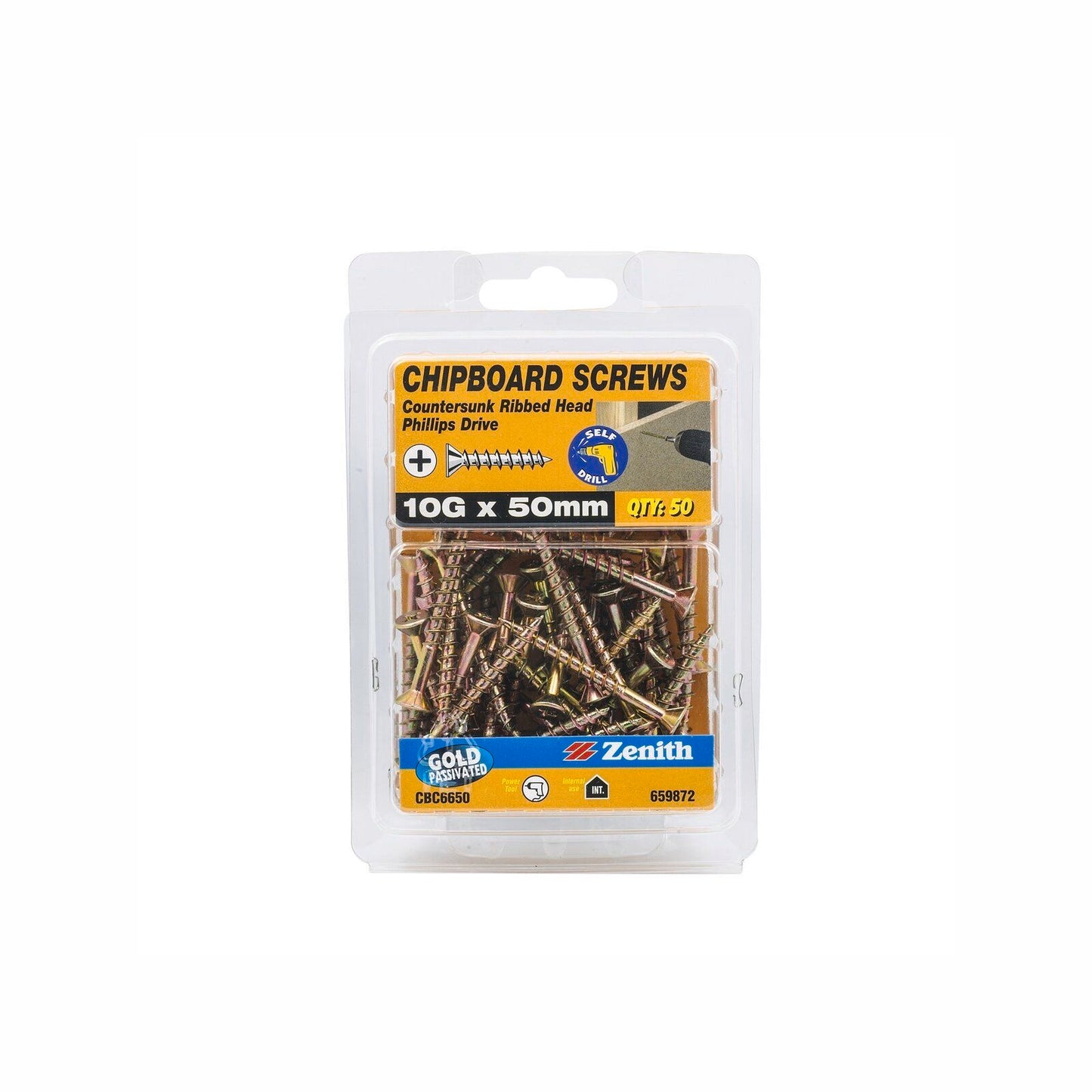 Zenith Chipboard Screws Countersunk Rib Head Philips Drive - 10g x 50mm - 50 Pack - Gold