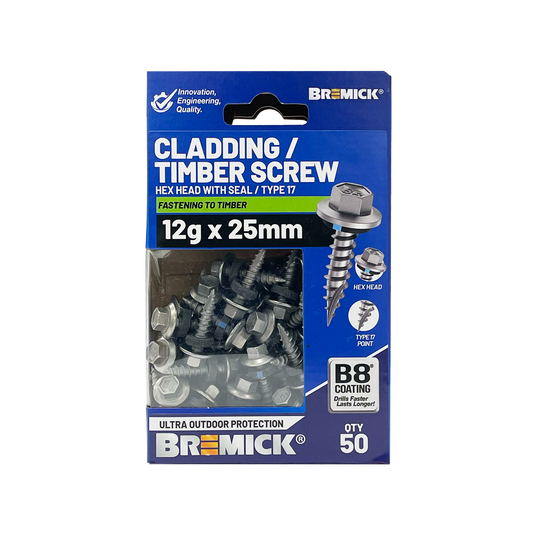 Bremick Hex Cladding Screw - 12g x 25mm - B8 - 50 Pack