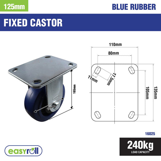 Easyroll Fixed Plate Castor - 125mm - Blue Elastic Rubber - Non-Marking
