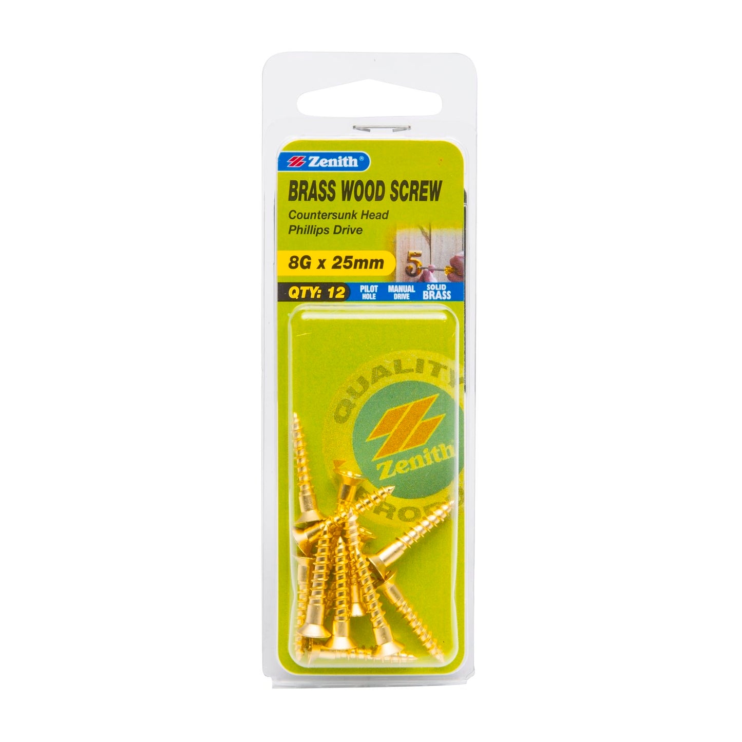 Zenith Wood Screws - 8g x 25mm - Solid Brass - 12 Pack