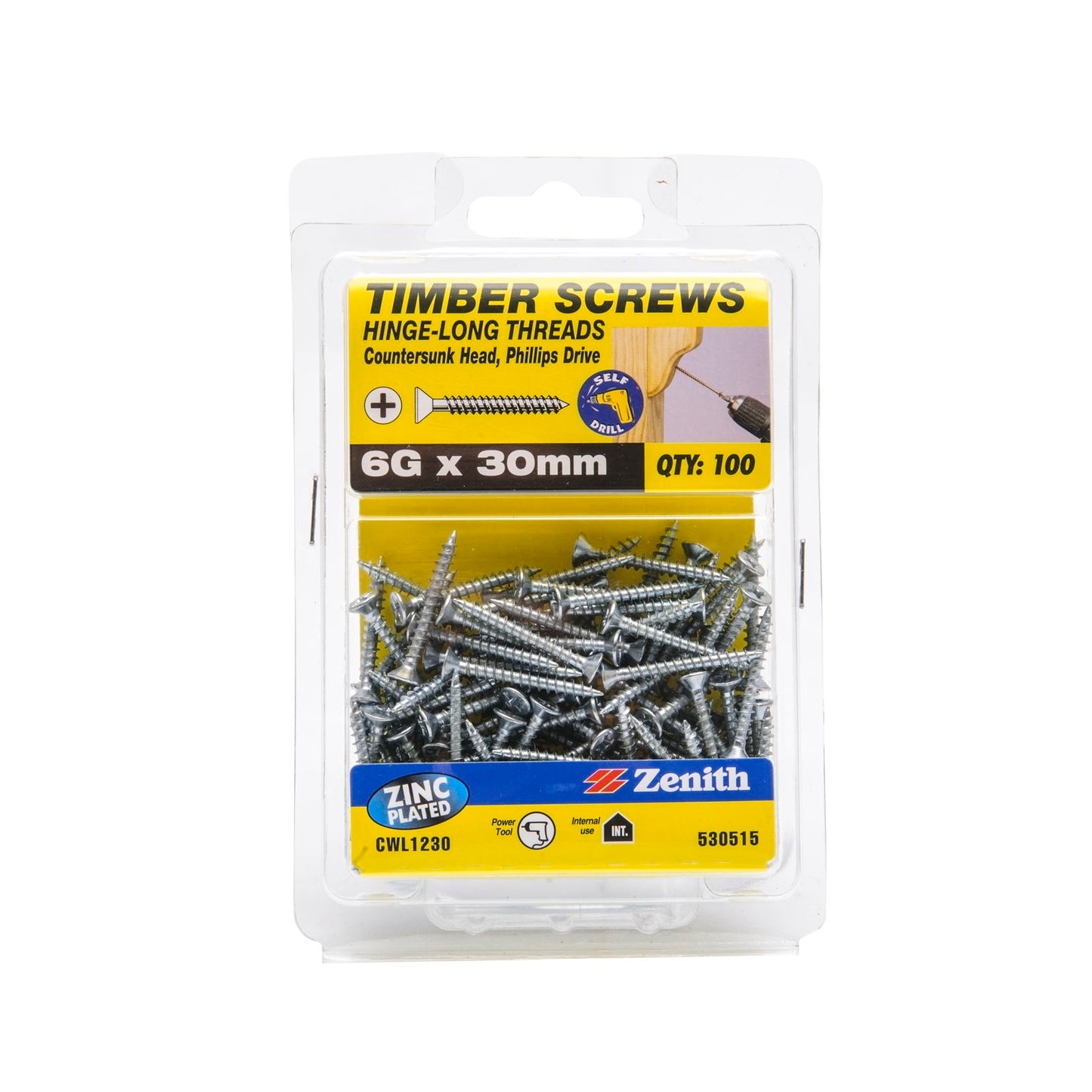 Zenith Timber Screws - 6g x 30mm - Zinc - 100 Pack