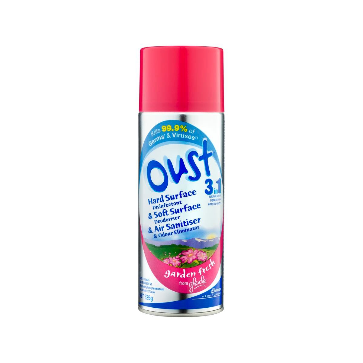 Oust 325g 3in1 Aerosol Spray Air Sanitiser - Garden Fresh - Disinfects & Eliminates Odours