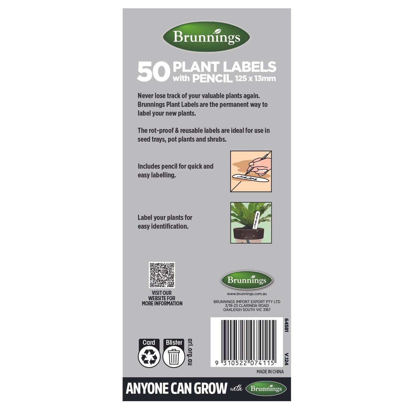 Brunnings Plant Labels with Pencil - 125 x 13mm - 50 Pack