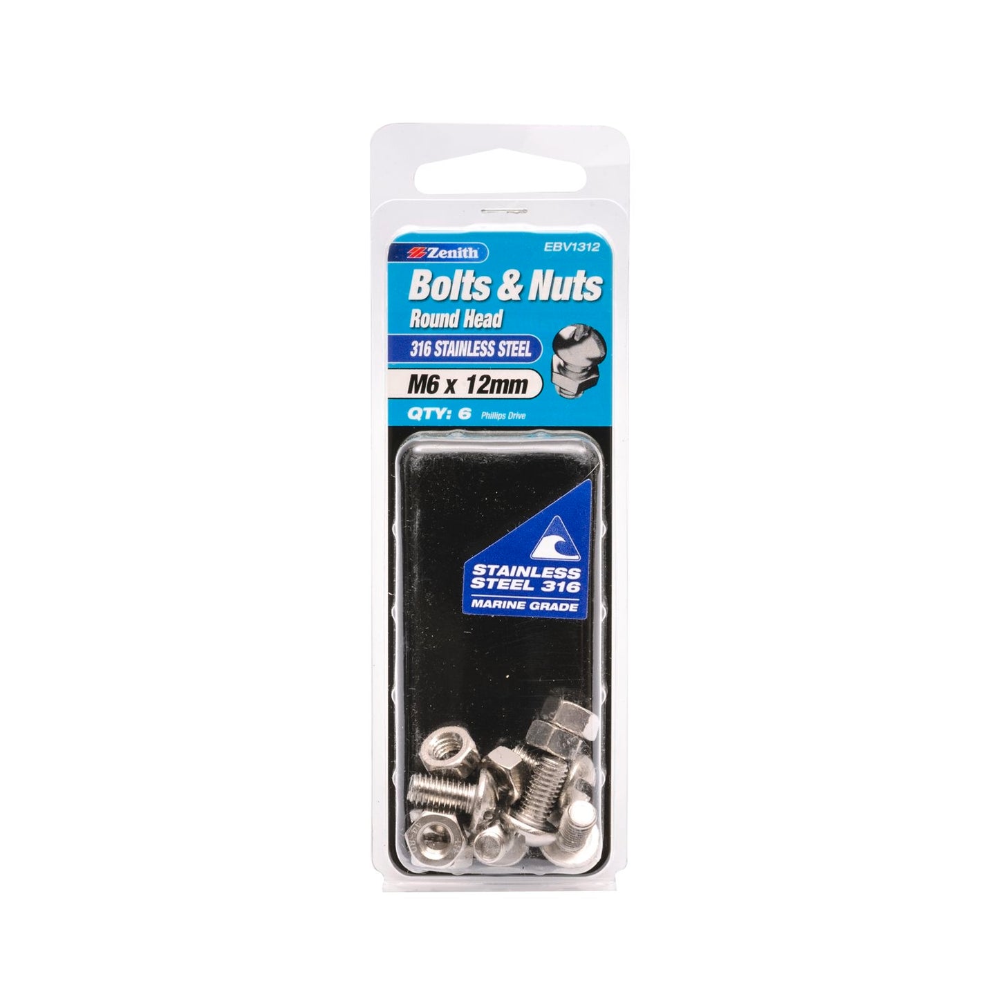 Zenith M6 x 12mm - 316 Stainless Steel Round Head Bolt & Nut - 6 Pack