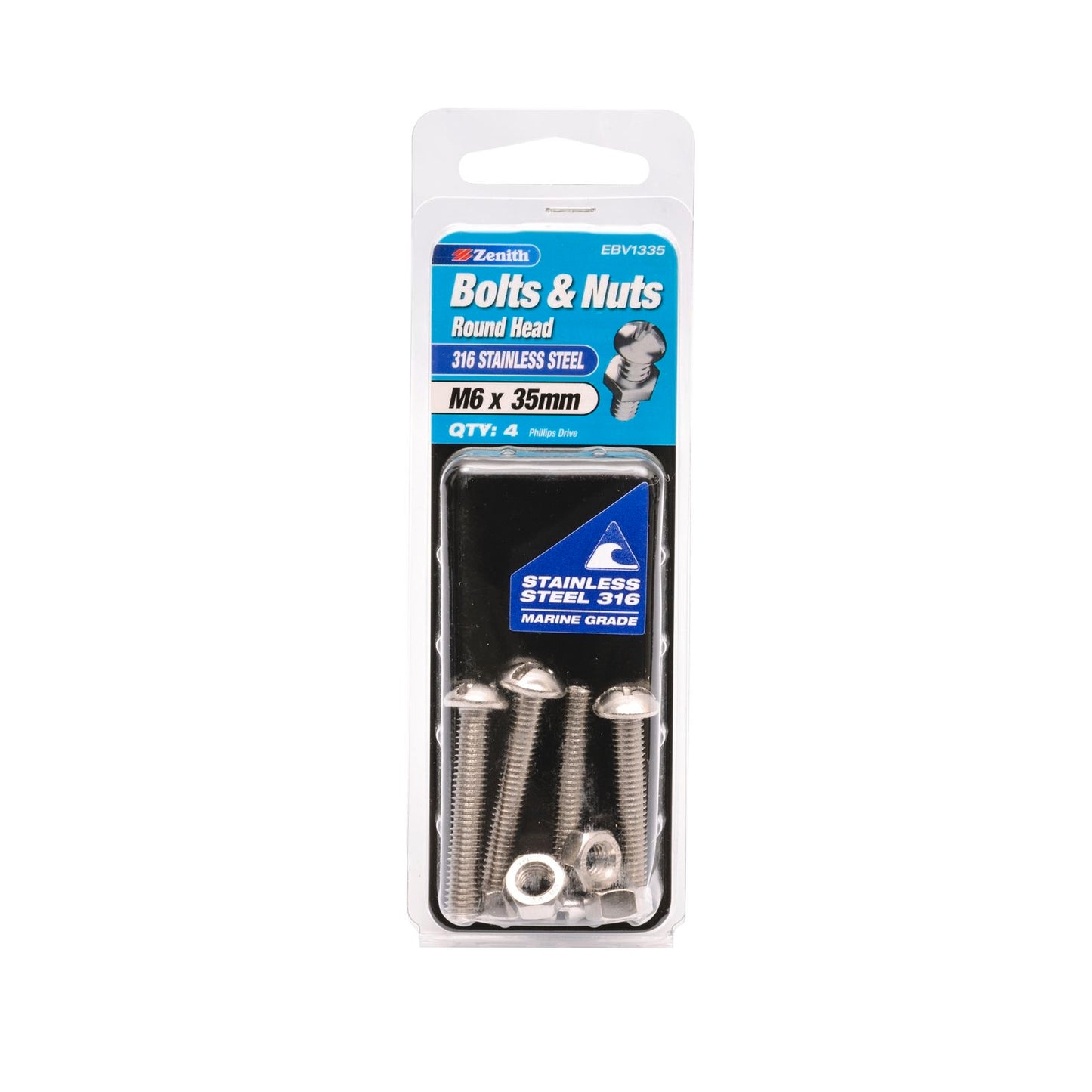 Zenith M6 x 35mm - Stainless Steel Round Head Bolt & Nut - 4 Pack
