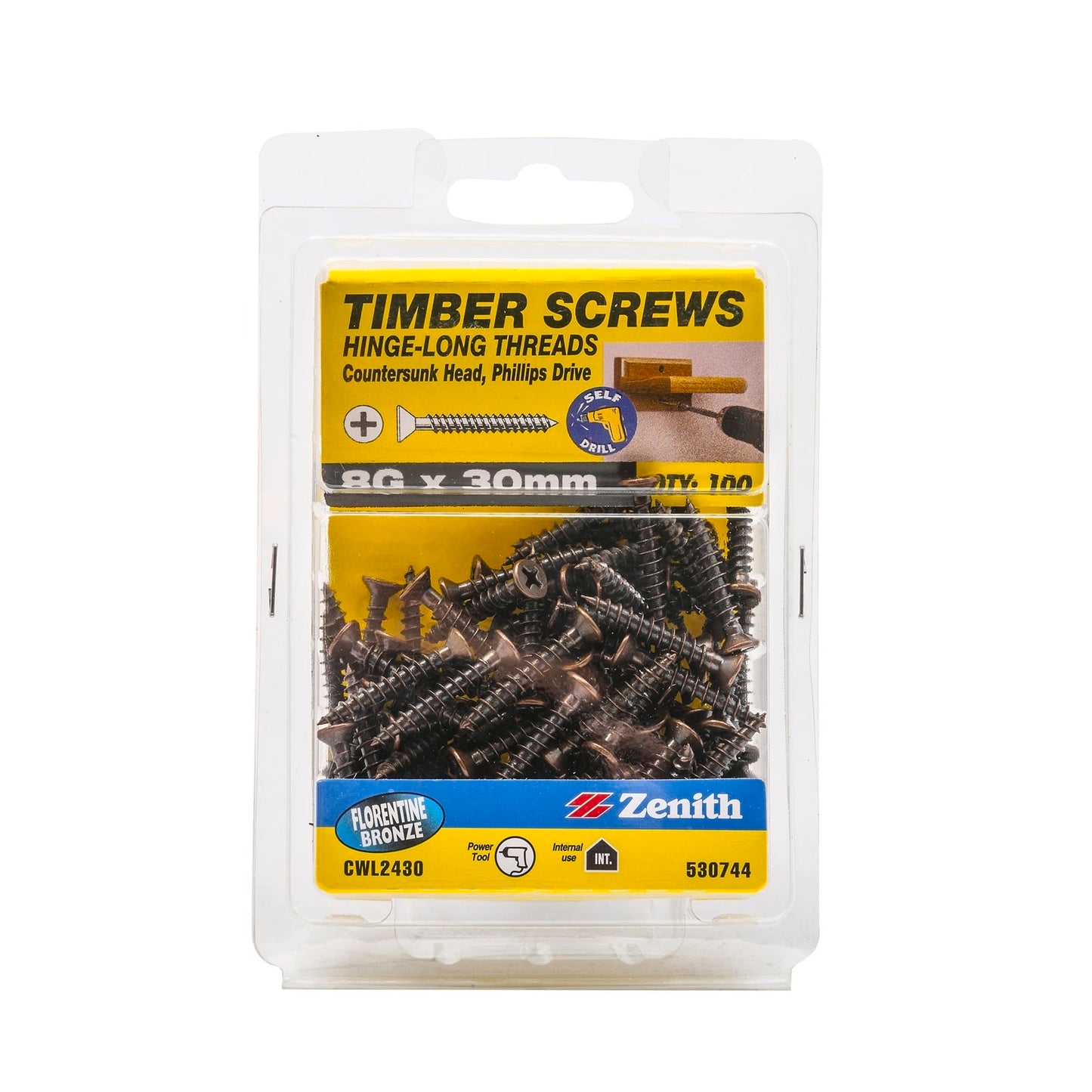 Zenith Hinge Long Thread Screw - 8g x 30mm - Florentine Bronze - 100 Pack