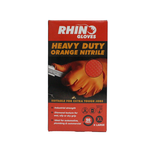 Rhino Extra Large Heavy Duty Orange Nitrile Disposable Gloves - 50 Pack