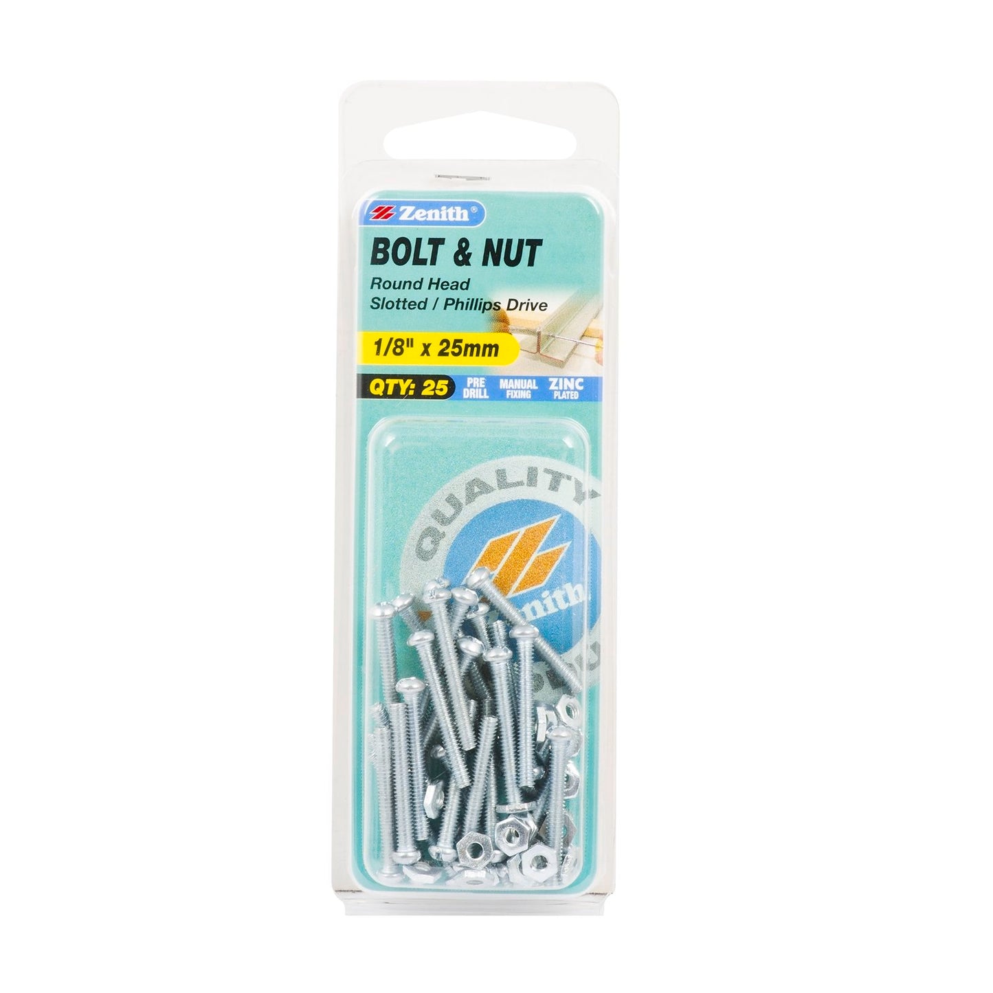 Zenith Round Head Bolt & Nut - 1/8 x 25mm - 25 Pack