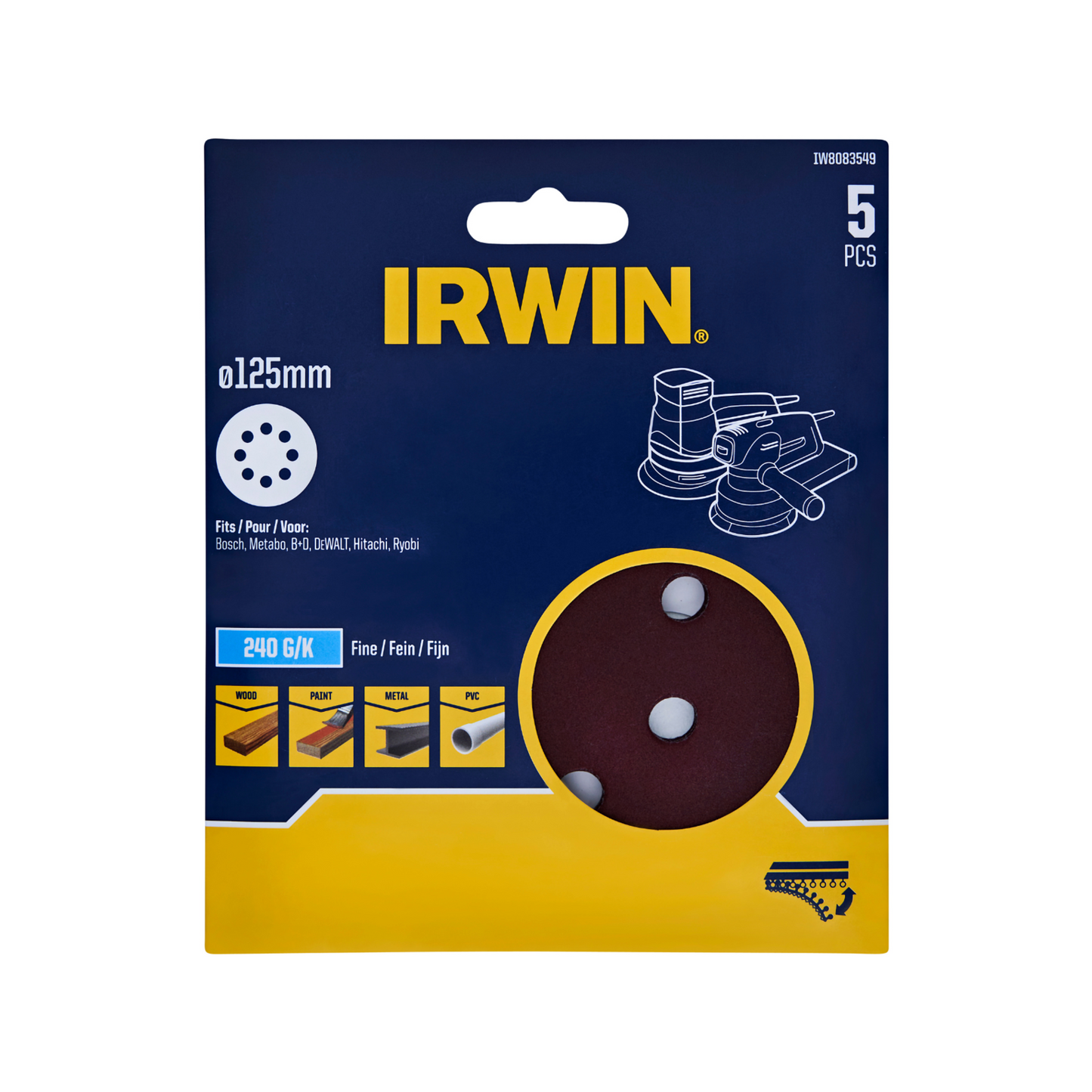 Irwin Quick Fit Random Orbital Sanding Discs - 125mm - 240 Grit - 5 Pack