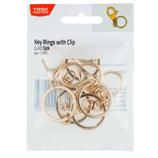 Taskmaster Gold Key Rings with Clip - 30mm - 5 Pack