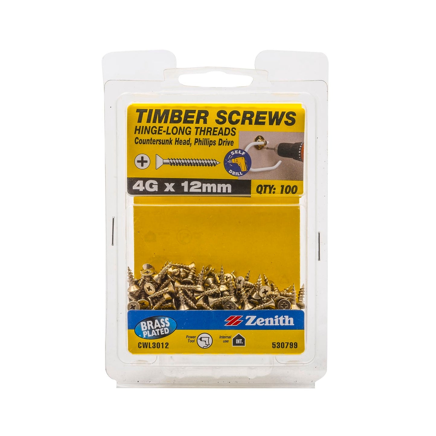 Zenith Hinge Long Thread Screws - 12mm - Brass - 100 Pack