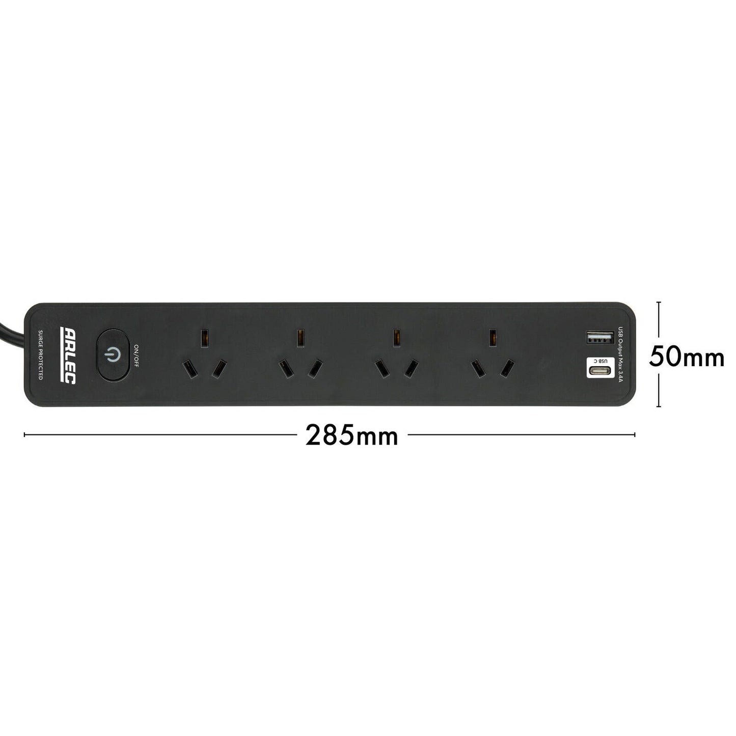 Arlec Black Surge Protected Powerboard - 4 Outlet - 285mm