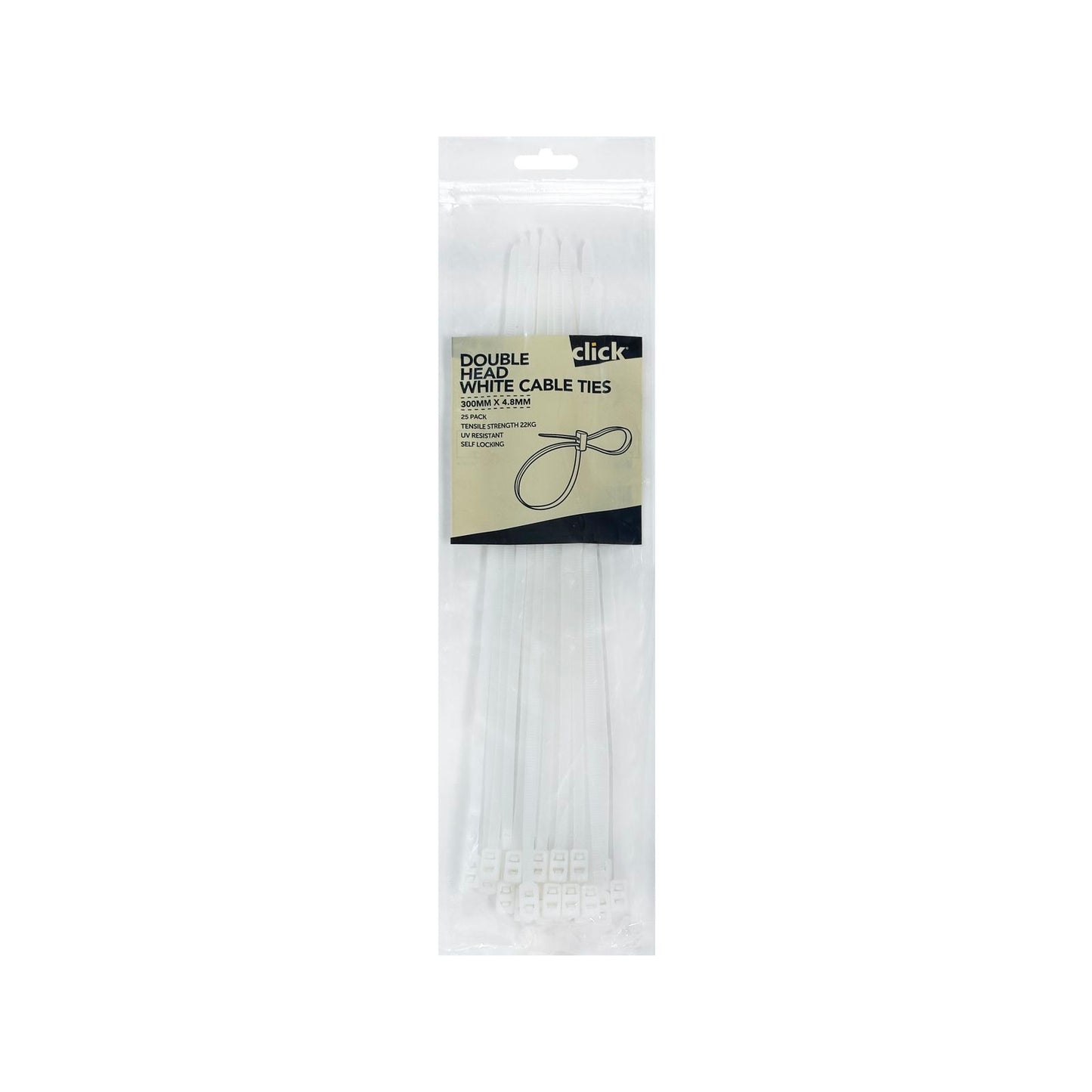 Click Double Headed Cable Tie - 300mm - 25 Pack - White