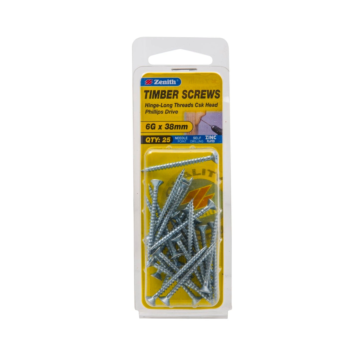 Zenith Zinc Plated Countersunk Head Timber Screws - 6g x 40mm - 25 Pack