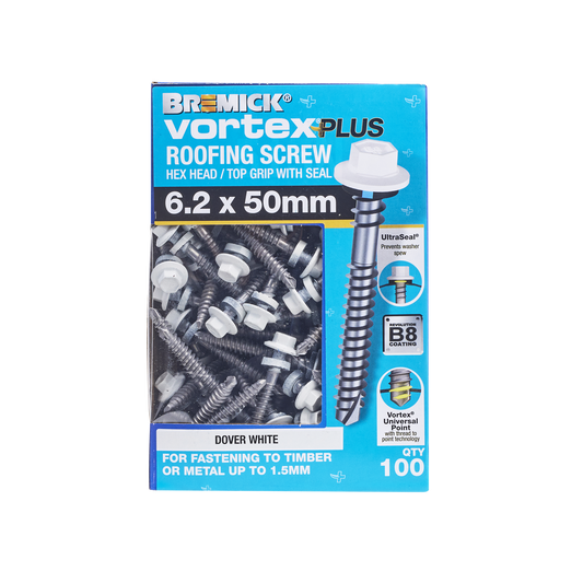 Bremick Vortex Plus Roofing Screw - 6.2 x 50mm - Hex B8 DW- 100 Pack