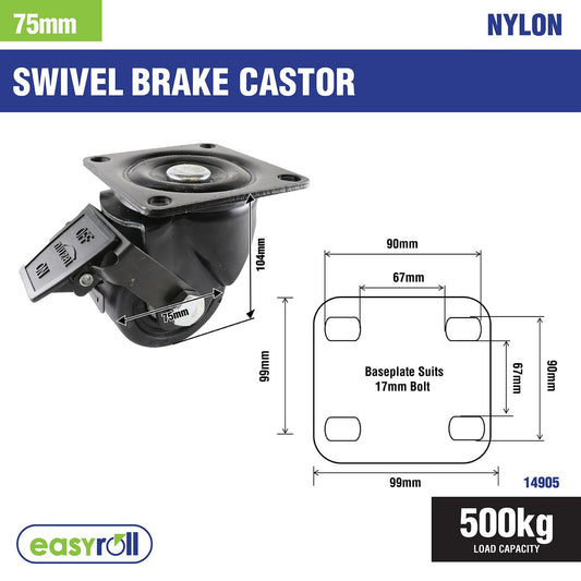 Easyroll 75mm Black Swivel Brake Castor Nylon 500kg Load Capacity