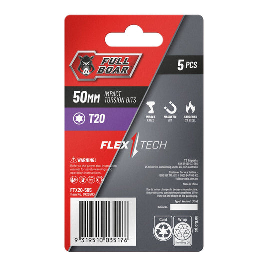 Full Boar Magnetic Impact Torsion Bits Set T20 x 50mm 5 Pack