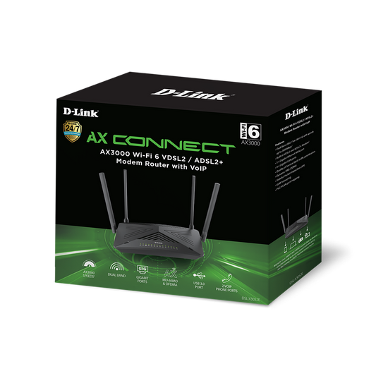 D-Link DSL-X3052E AX3000 Wi-Fi 6 VDSL2 ADSL2 Modem Router - 227 x 143 x 53mm