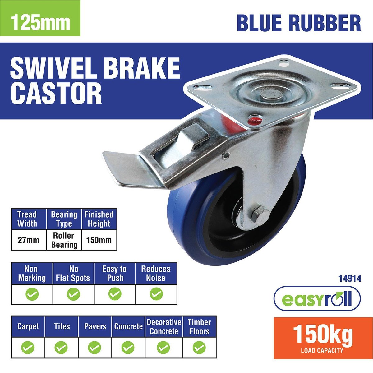 Easyroll Swivel Brake Castor - 125mm - Blue Elastic Rubber - 150kg Load
