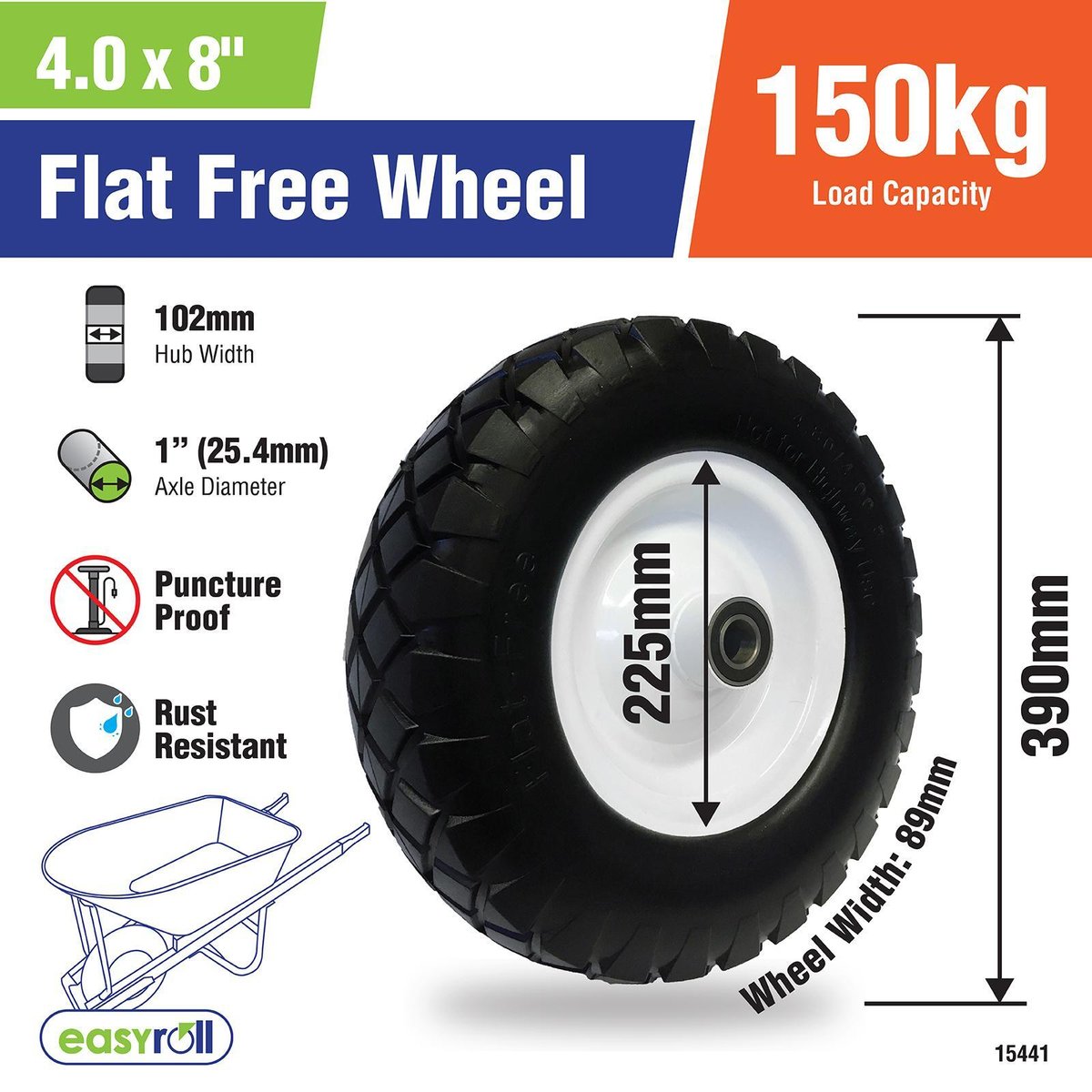 Easyroll Wheelbarrow Wheel - 400x8 - PU Foam/Steel - Puncture Proof