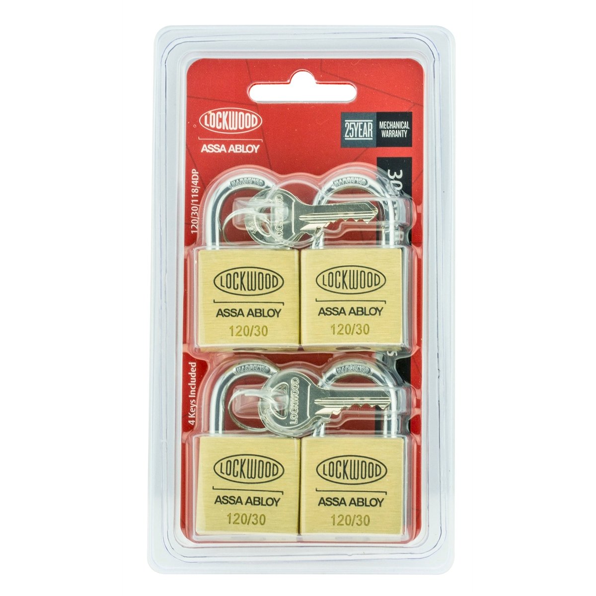 Lockwood 30mm Brass Padlock 4 Pack Heavy Duty Solid Brass Security