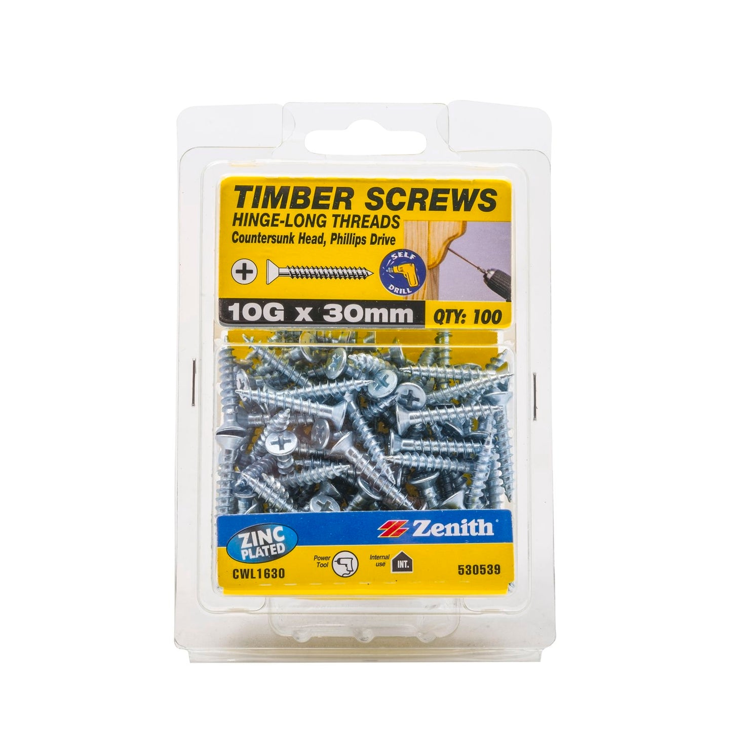 Zenith Hinge Long Thread Screw - 10g x 30mm - Zinc - 100 Pack