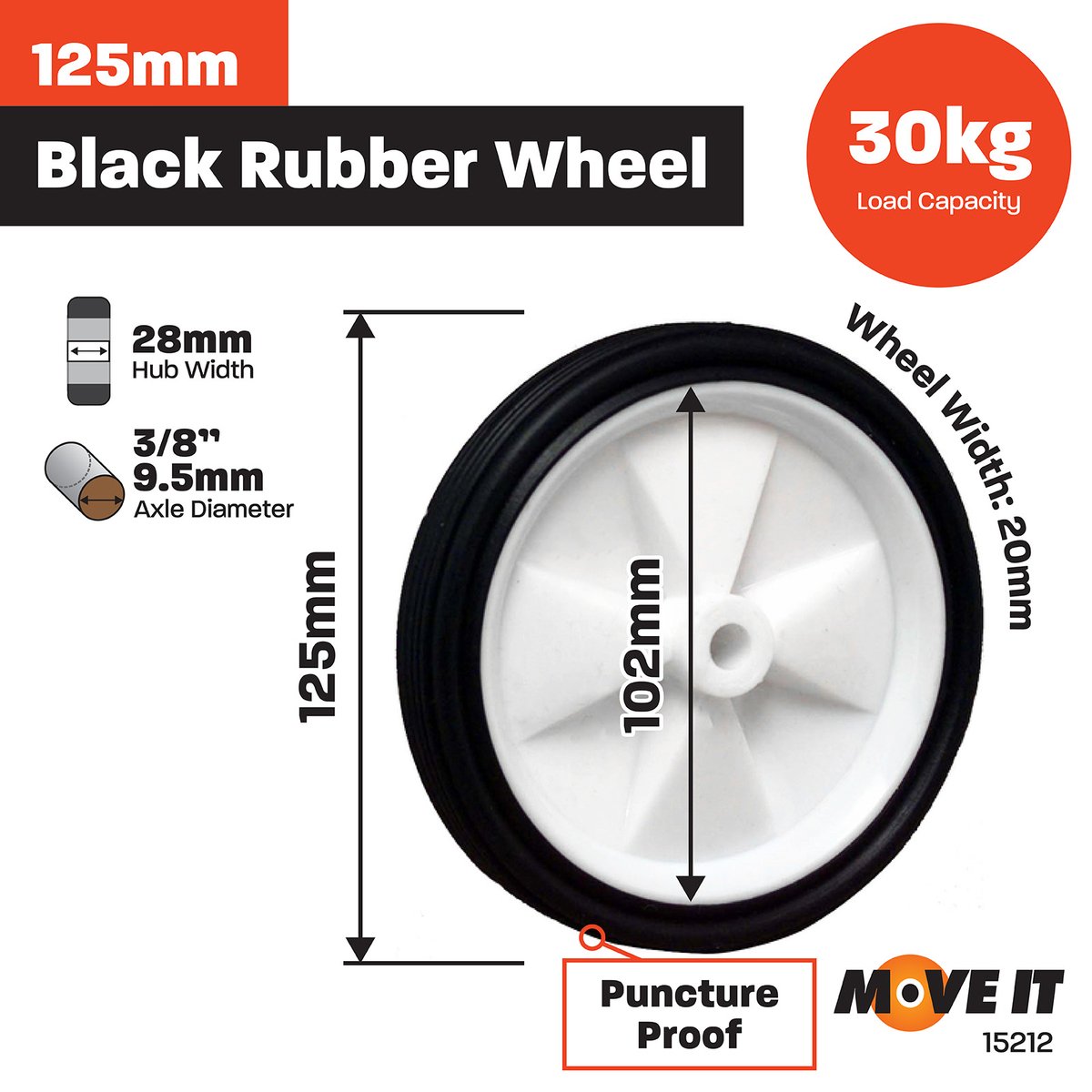 Move It 125mm Rubber Tyre - Black - Plastic Centre - Easy Install