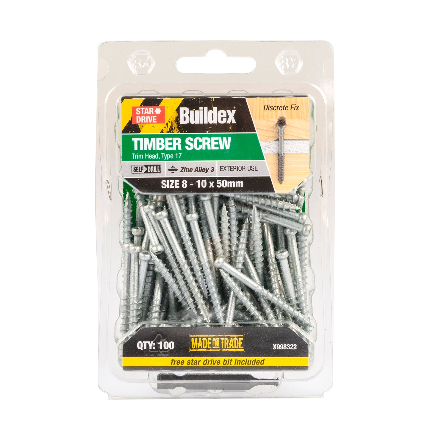 Buildex Trim Head Timber Screw - 10g x 50mm - 100 Pack