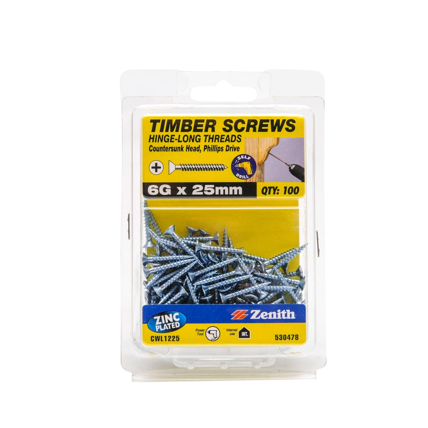 Zenith Timber Screws - 6g x 25mm - Zinc - 100 Pack