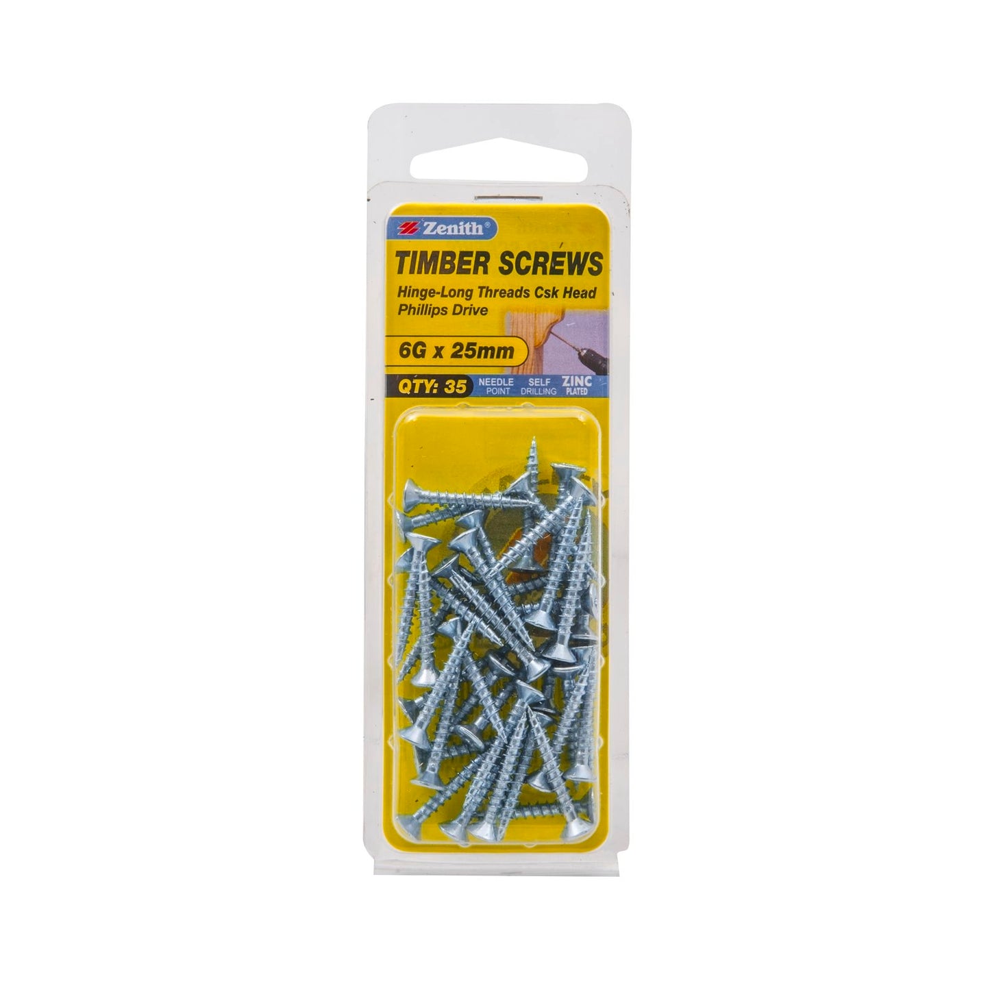 Zenith Hinge Long Thread Screws - 6g x 25mm - Zinc - 35 Pack