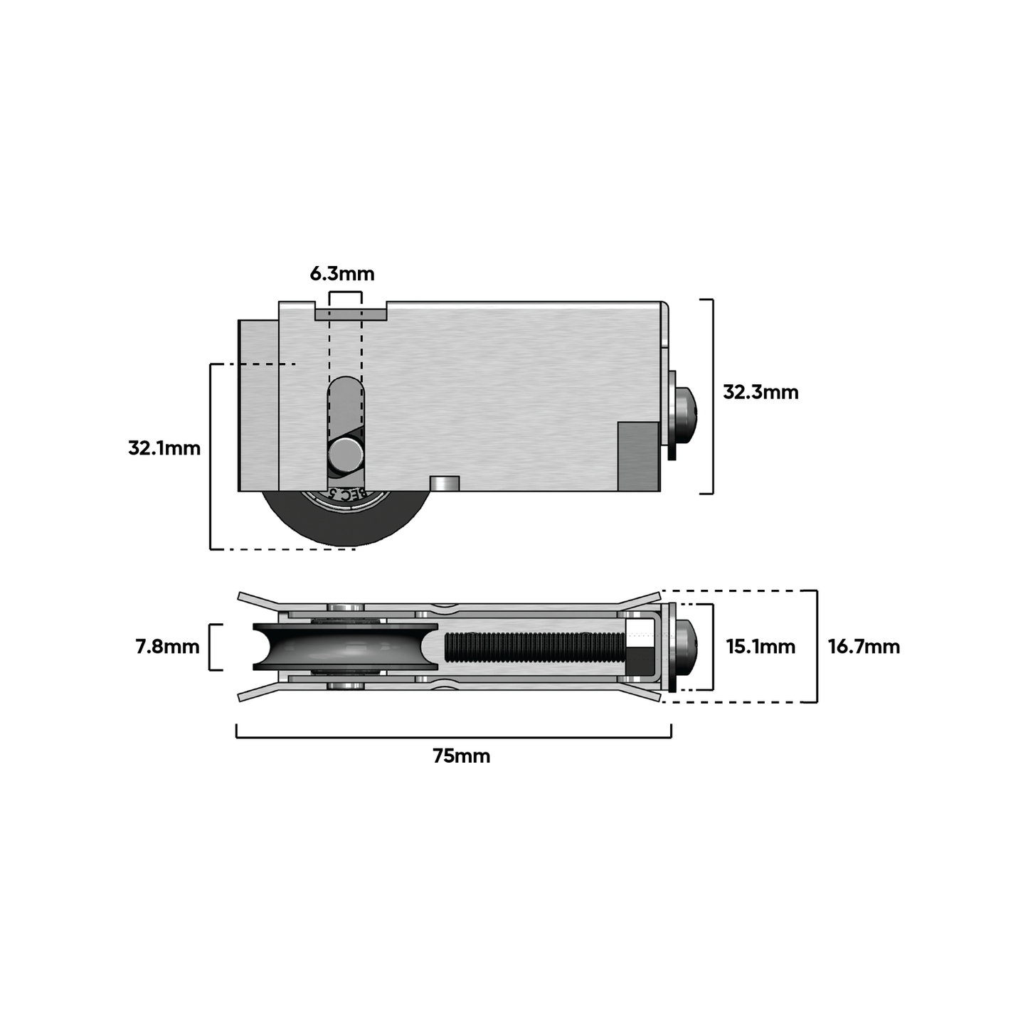 Rolltrak Carriage - 75 x 45 x 17mm - Stainless Steel