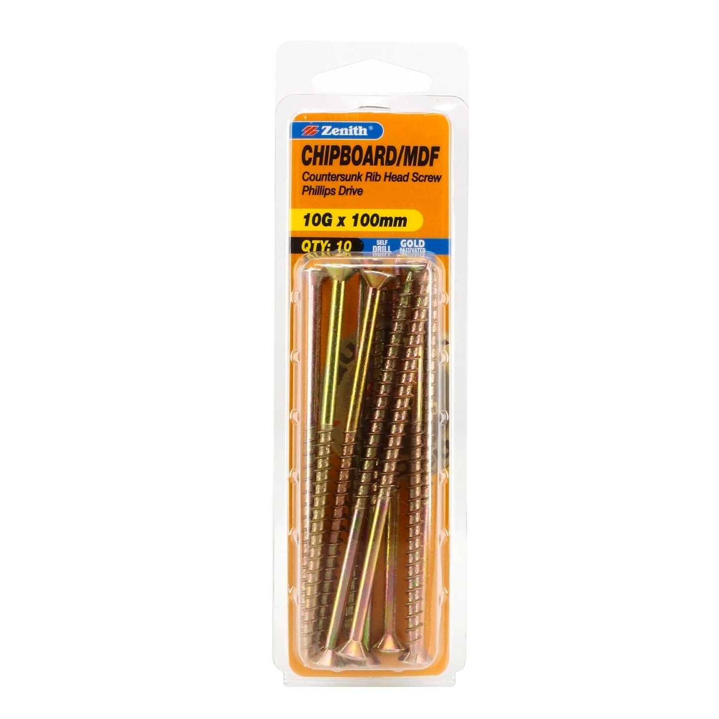 Zenith Chipboard Screws - 10g x 100mm - Gold - 10 Pack
