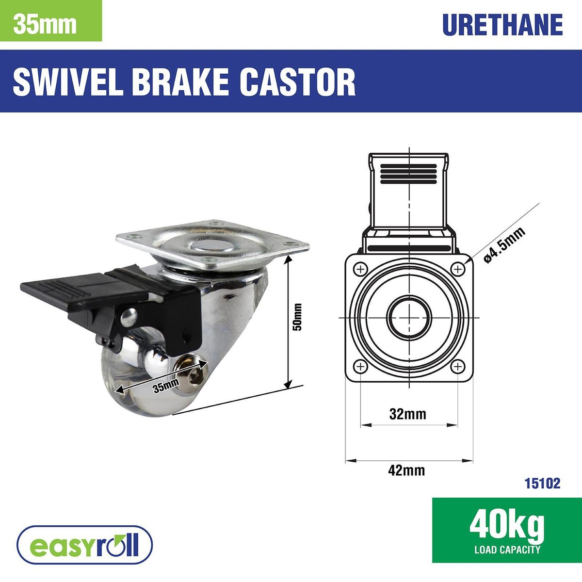 Easyroll Swivel Brake Castor - 35mm - Polyurethane - 40kg Load - 2 Pack