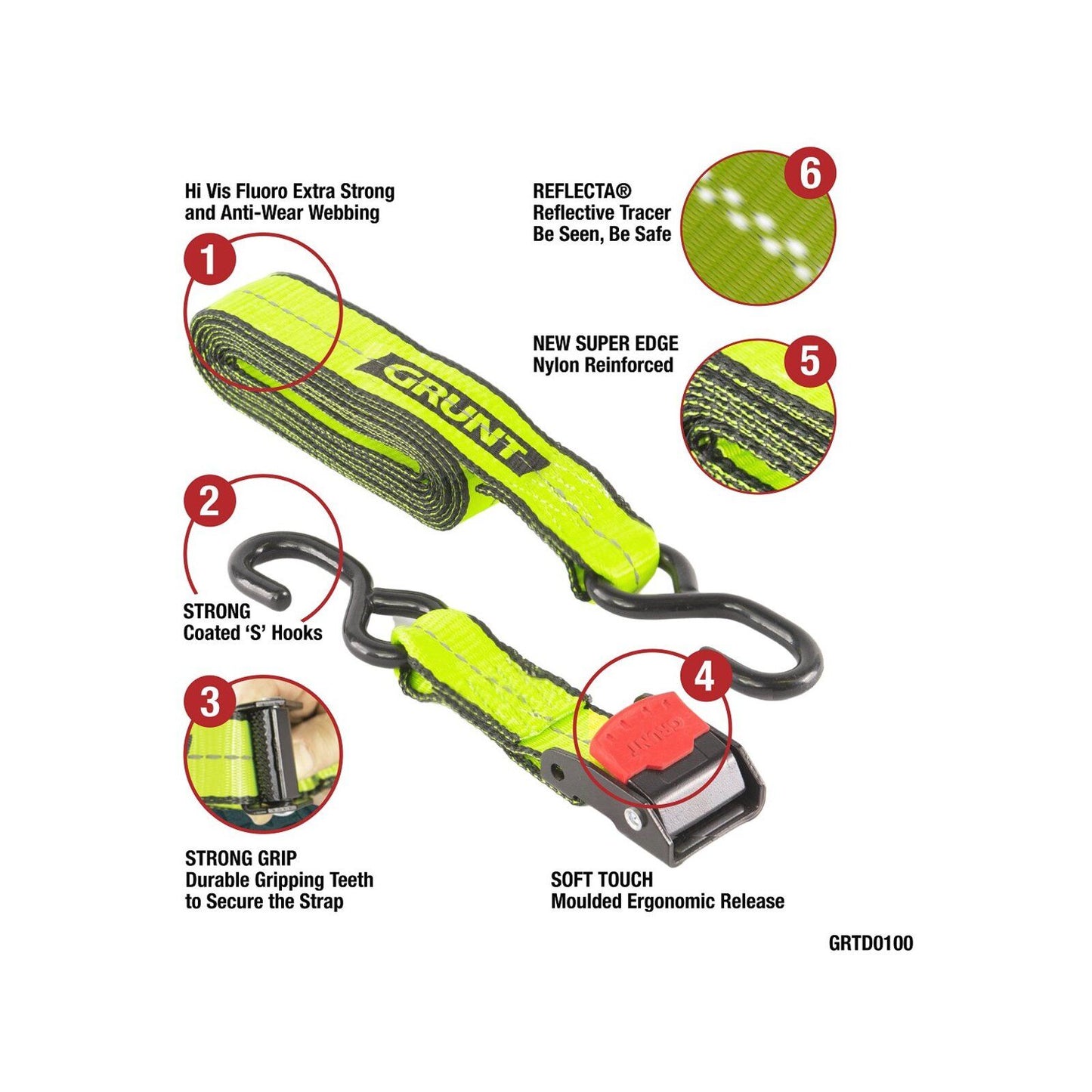 Grunt Pro Cam Buckle Tie Downs - 38mm x 3m - 340kg