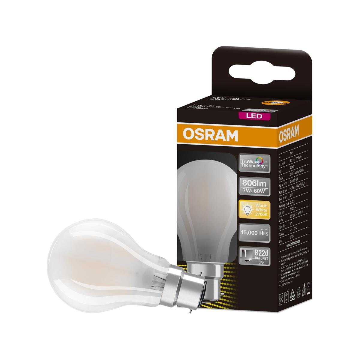 Osram 7W B22D Warm White LED Filament Light Globe 806lm 3000K