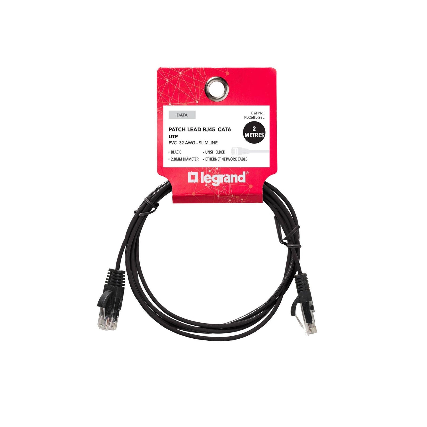 Legrand Cat 6 RJ45 UTP Slimline Patch Lead - 2m - Black